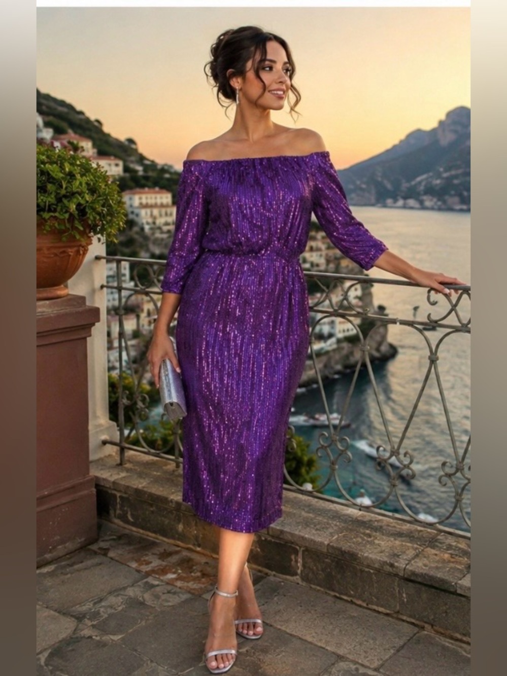 SHEIN Off-Shoulder Purple Sequin Midi Dress